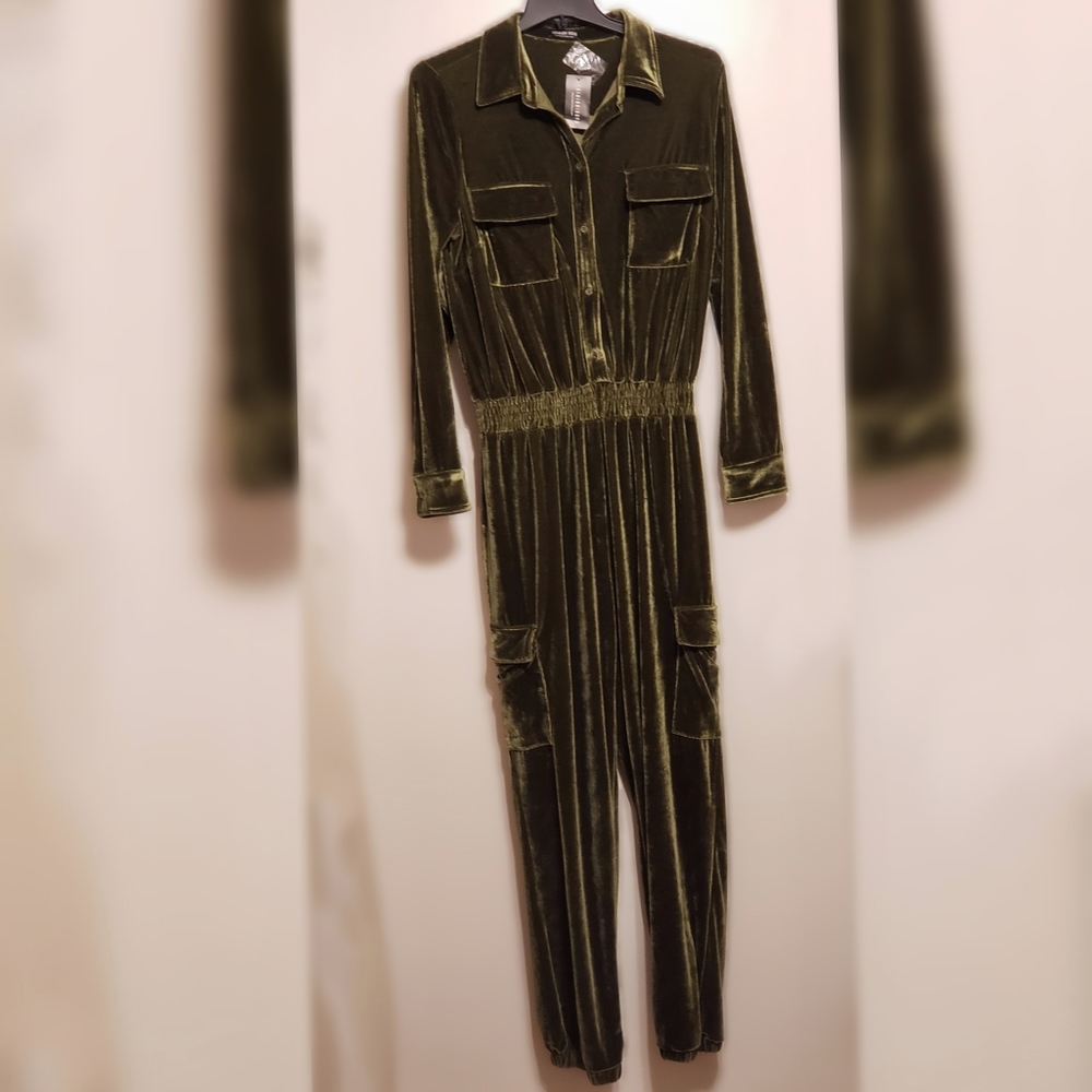 Fashion Nova Velvet Vixen Jumpsuit Olive Green XL